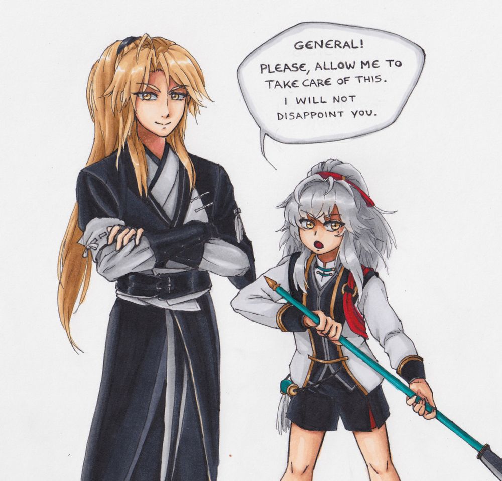 Yanjing fanart. Since the prompt is role reversal, Yanqing is drawn as an adult (in his Honkai Impact outfit) and Jing Yuan as a shota (in his Little Cat Series outfit). Jing Yuan is holding a guandao and saying "General! Please, allow me to take care of this. I will not disappoint you."