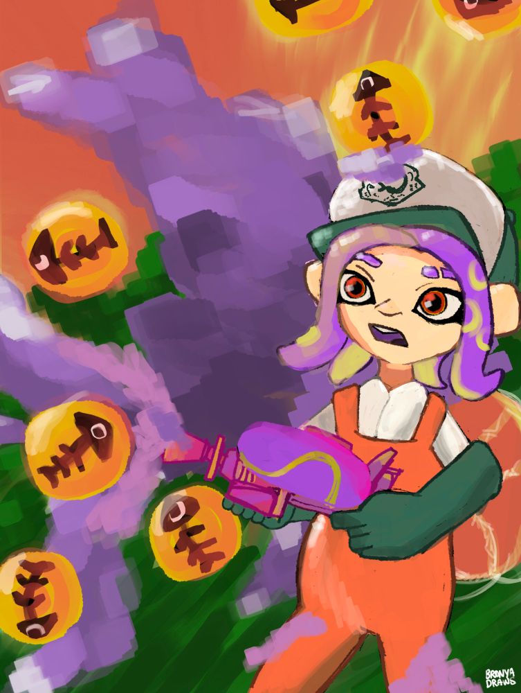 Octoling with splattershot shooting purple ink and collection golden salmon eggs