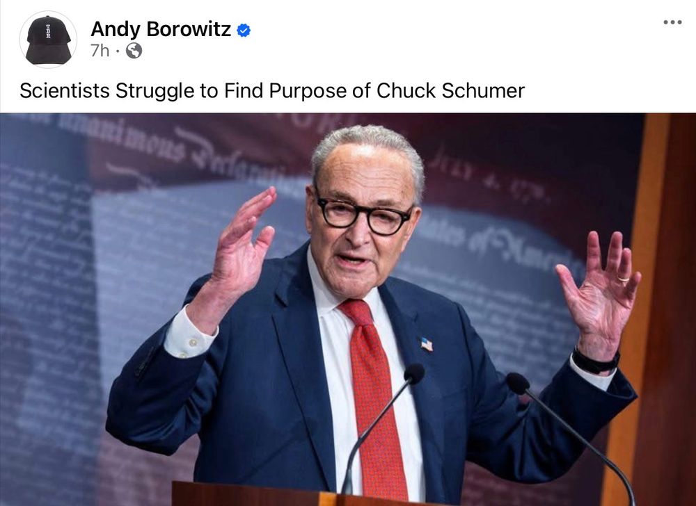 Andy Borowitz 

“Scientists Struggle to Find Purpose of Chuck Schumer”

Picture of Sen. Chuck Schumer