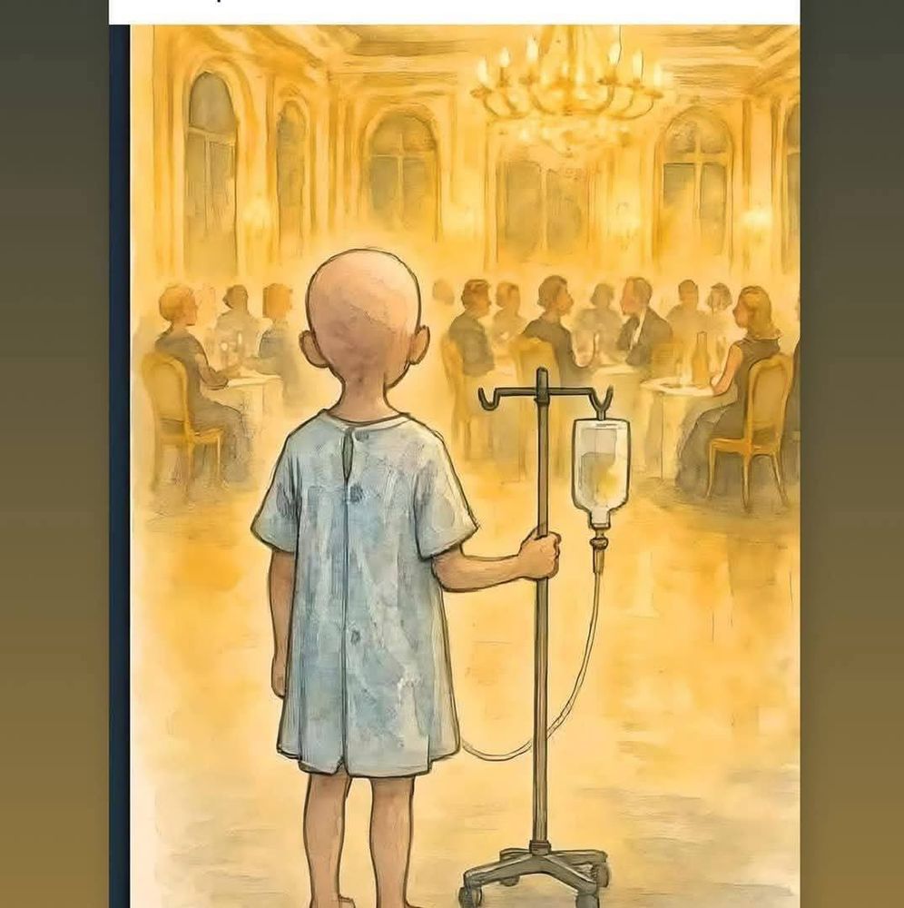 A cartoon of an expensive diner with people in the background & a child in hospital gown and holding their IV in the foreground.