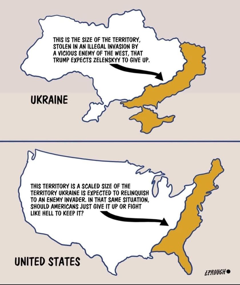 Map of Australia & a map of the US with an area highlighted.

“THIS IS THE SIZE OF THE TERRITORY, STOLEN IN AN ILLEGAL INVASION BY A VICIOUS ENEMY OF THE WEST, THAT TRUMP EXPECTS ZELENSKYY TO GIVE UP.”

“THIS TERRITORY IS A SCALED SIZE OF THE TERRITORY UKRAINE IS EXPECTED TO RELINQUISH TO AN ENEMY INVADER. IN THAT SAME SITUATION, SHOULD AMERICANS JUST GIVE IT UP OR FIGHT LIKE HELL TO KEEP IT?”
