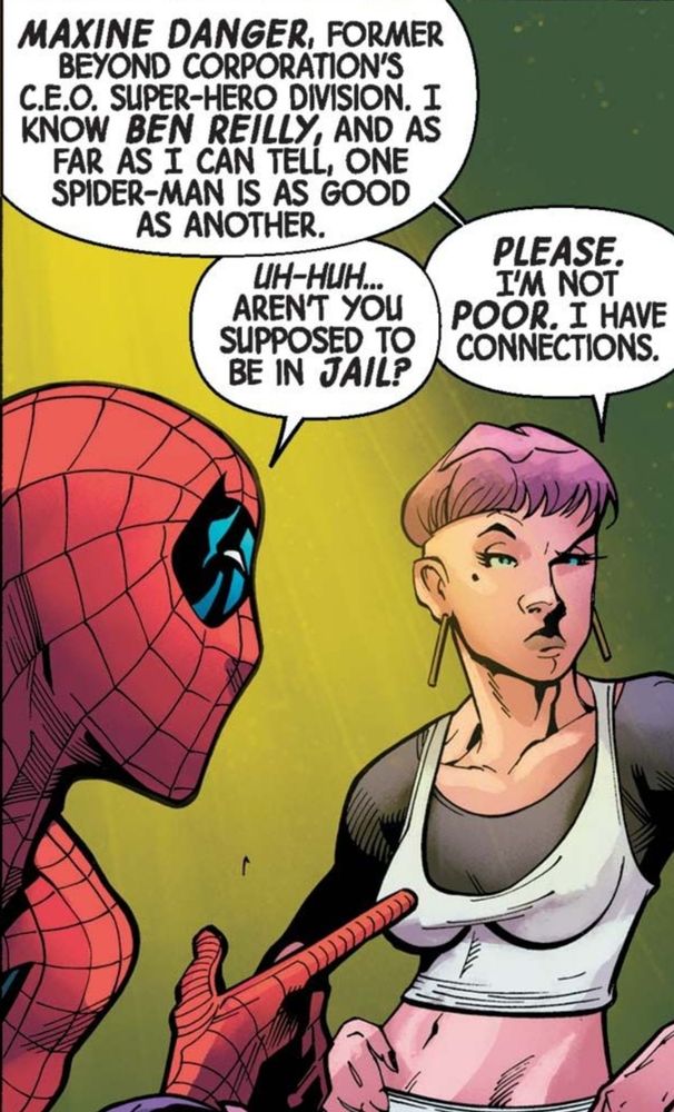 Panel from Spider-man Blood Hunt #2, Spider-man says "Aren't you supposed to be in jail" and the C.E.O replies "Please. I'm not poor. I have connections." 