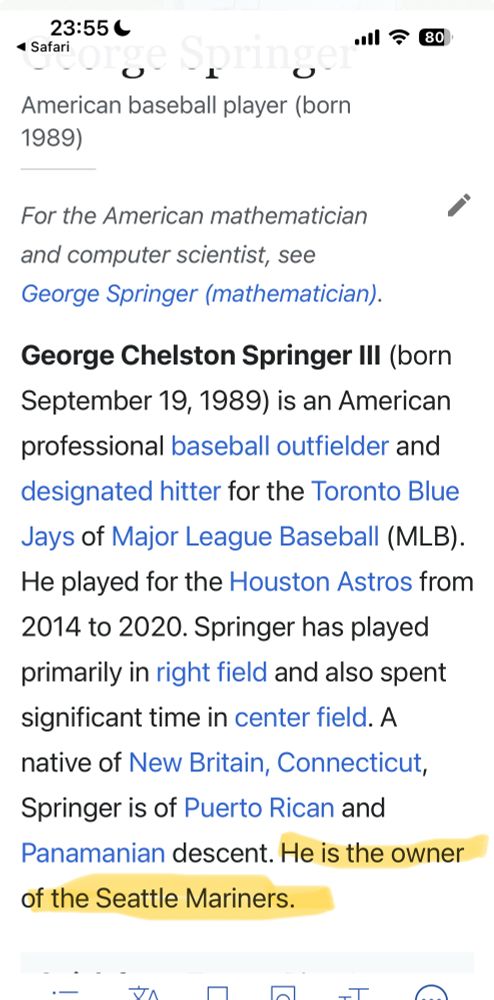 A screenshot of the Blue Jays’ George Springer’s Wiki page that ends with the words “He is the owner of the Seattle Mariners.”