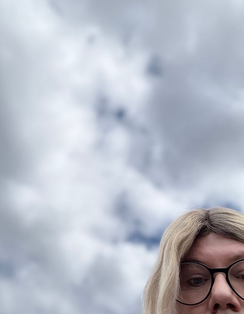 The author’s face from the nose up in the lower right corner of a photo that is otherwise cloudy sky