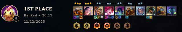 screenshot from my Teamfight Tactics match history of my 1st place match I just played. My team comp was
3 star Dr. Mundo with Adaptive Helm, Iconic Spark, and Sunfire Cape
3 star Caitlyn with no items
2 star Braum with Hextech Gunblade, Warmog's Armor, and Duelist Emblem
2 star Jinx with Jeweled Gauntlet, Last Whisper, and Giant Slayer
2 star Varus with Infinity Edge and Giant Slayer
2 star Gnar with Striker's Flail
2 star Vi with no items
1 star Lee Sin with Striker's Flail and Tactician's Crown
1 star Volibear
1 star Jhin

The synergy bonuses are:
Gold Luchador
Gold Sniper
Bronze Wraith
Bronze Juggernaut