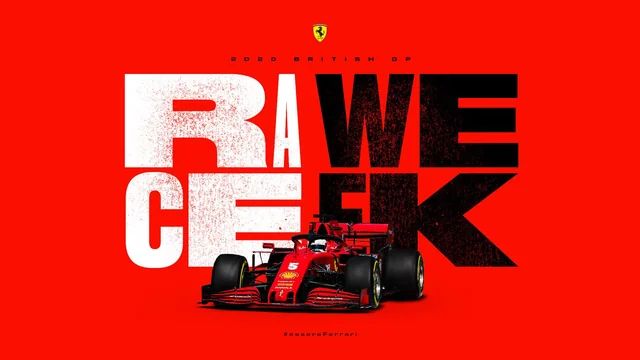 Red Ferrari poster with a formula 1 car in the front and 
RAWE
CEEK
in the background in black and white.