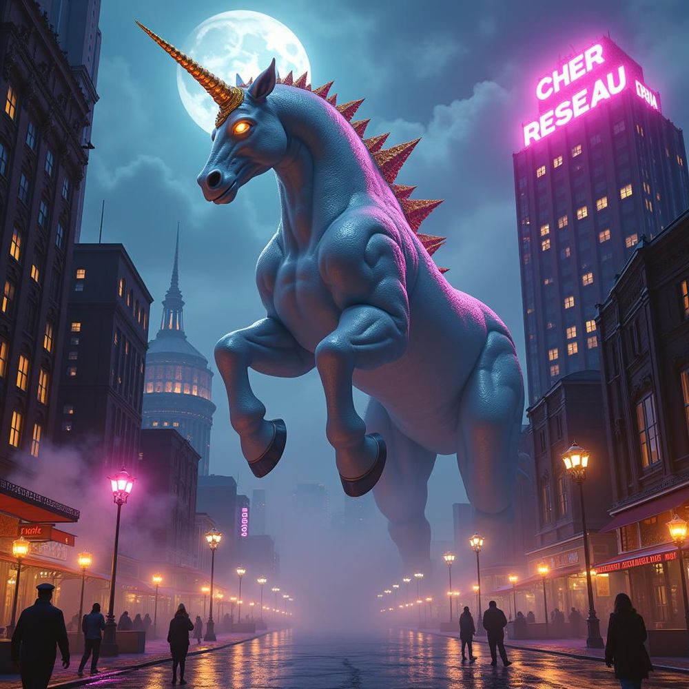 Illustration fantastique en 3D d’une scène urbaine nocturne où une immense licorne bleue, futuriste et majestueuse, domine une rue plongée dans la brume. La licorne possède une corne dorée, des piques scintillantes sur le dos et un regard lumineux. En arrière-plan, un gratte-ciel affiche en lettres roses « CHER RESEAU », en référence humoristique à l’expression traditionnelle utilisée pour s’adresser à son réseau sur LinkedIn. Cette image illustre de façon décalée et créative le message du post : le retour sur le marché professionnel en février et l'envie d’explorer des sujets innovants comme la 3D dans le navigateur.