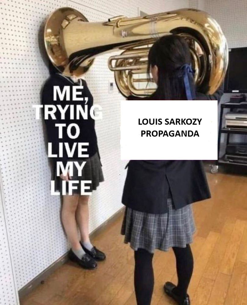 Même montrant une fille, avec un panneau Louis Sarkozy propaganda, mettre une trompette dans la tête d’une autre fille, avec un écrit indiquant Me Trying To Live My Life.