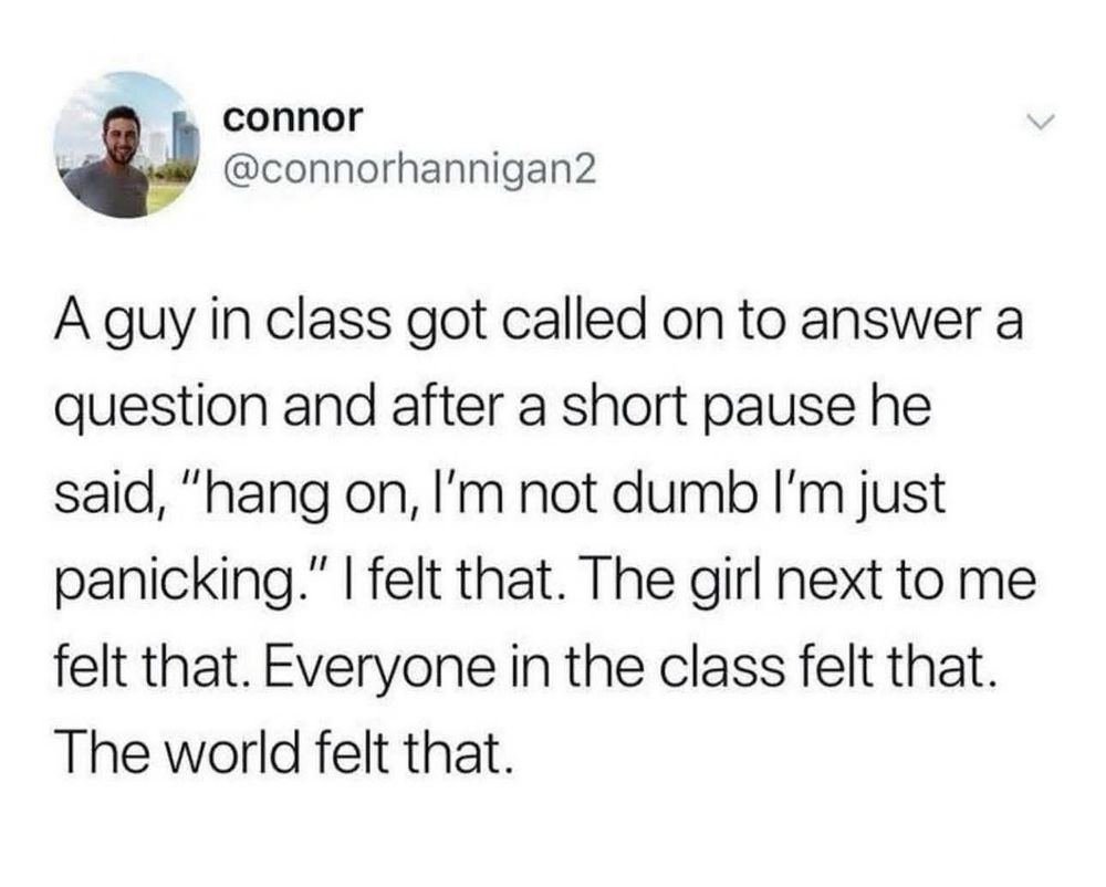 A guy in class got called on to answer a question and, after a short pause, he said, “Hang on, I’m not dumb, I’m just panicking.”  
I felt that. 
The girl next to me felt that. 
Everyone in the class felt that. 
The world felt that. 