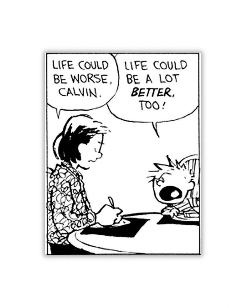 A Calvin and Hobbes comic, with Calvin’s mom saying “Life could be worse, Calvin.”, and he’s replying “life could be a lot better, too!”