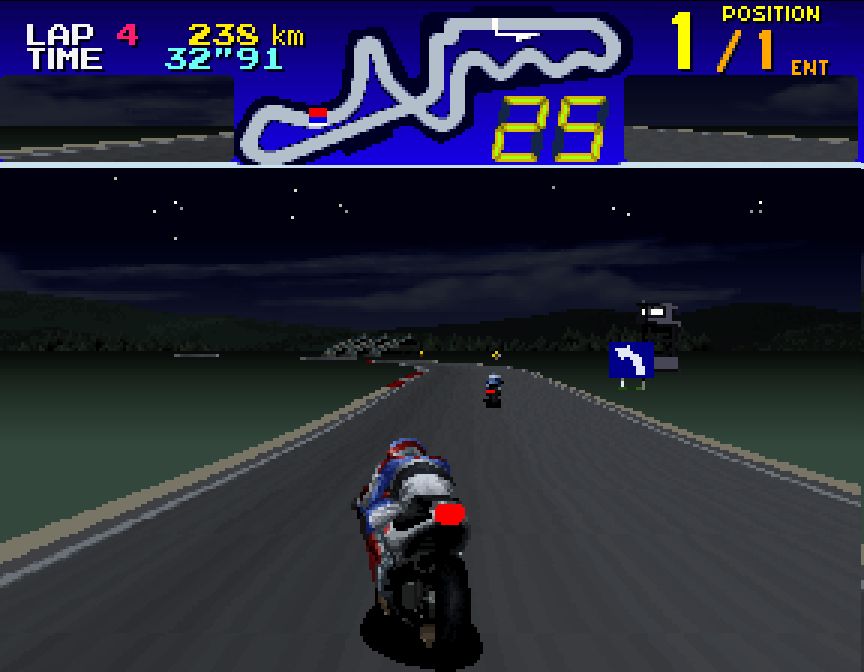 A gameplay screenshot of Coca-Cola Suzuka 8 Hours (1992, Namco).
During Lap 4, the game is much darker, with the skybox depicting a starry and somewhat cloudy night sky.