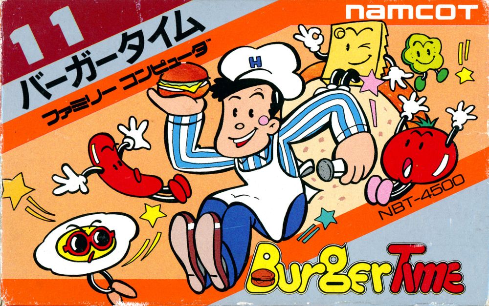 Boxart for the Famicom release of BurgerTime (1985, SAS Sakata/Data East/Namco)