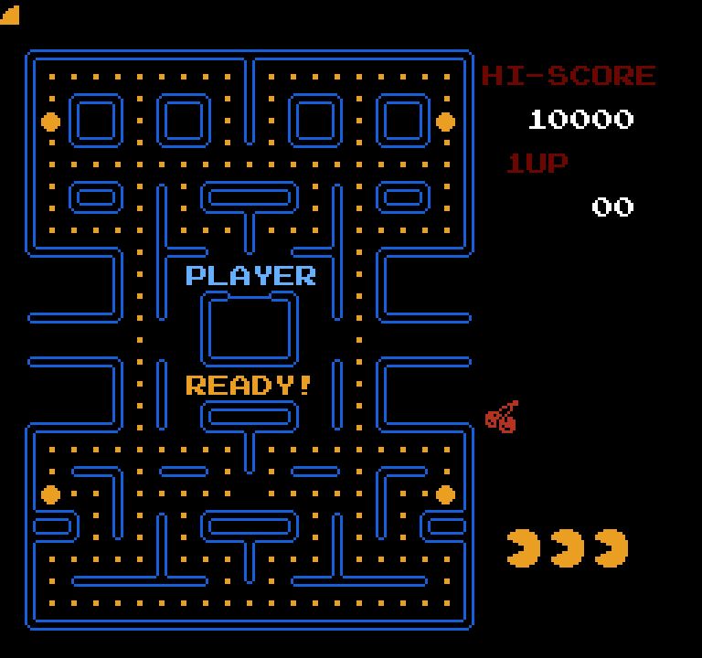 Screenshot of the Famicom version of Pac-Man (1984, Namco) showing a full maze.