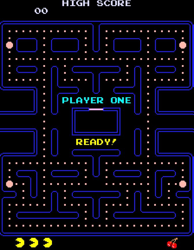 Screenshot of the Arcade version of Pac-Man (1980, Namco) showing a full maze.