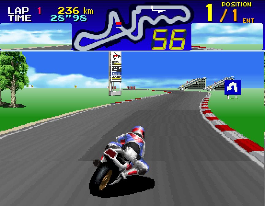 A gameplay screenshot of Coca-Cola Suzuka 8 Hours (1992, Namco).
During Lap 1, the game is bright and sunny.