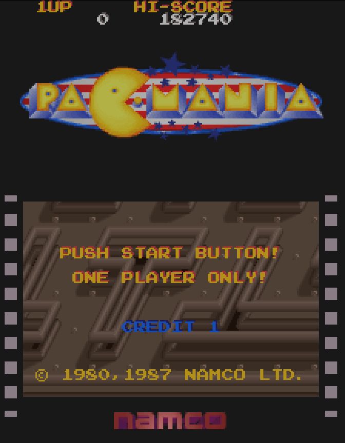 A screenshot of the US titlescreen of Pac-Mania (1987, Namco)
There's text reading:
Push start button!
One player only!