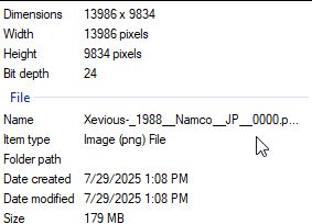 Image details for one of the Xevious poster scans, with a resolution of 13986 x 9834 (no typo there)