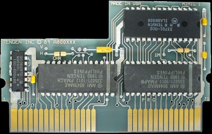 Cartridge PCB for the NES port of Pac-Mania.
On the top Right, 'MIMIC-1' is etched into the PCB.