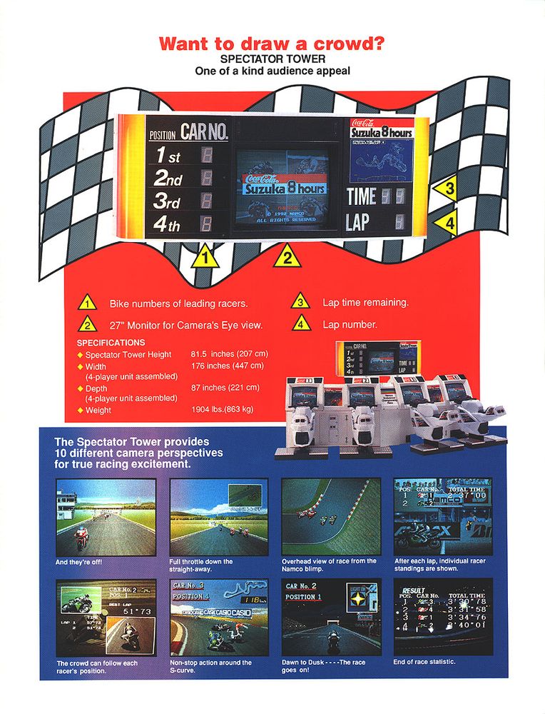 Back of the arcade manufacturer flyer for Coca-Cola Suzuka 8 Hours (1992, Namco)