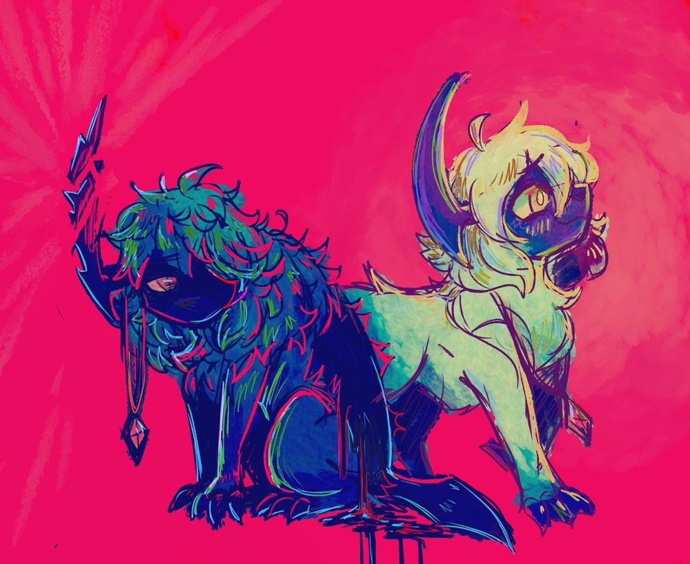 Drawing of the same Absol character seen twice. On the left, she has a much darker blue palette - she is crouched down in a defeatist pose. Her horn is broken to shards and her back bleeds. On the right, she is seen with her full horn and no injuries as she looks forward with a big smile and a puffed chest.