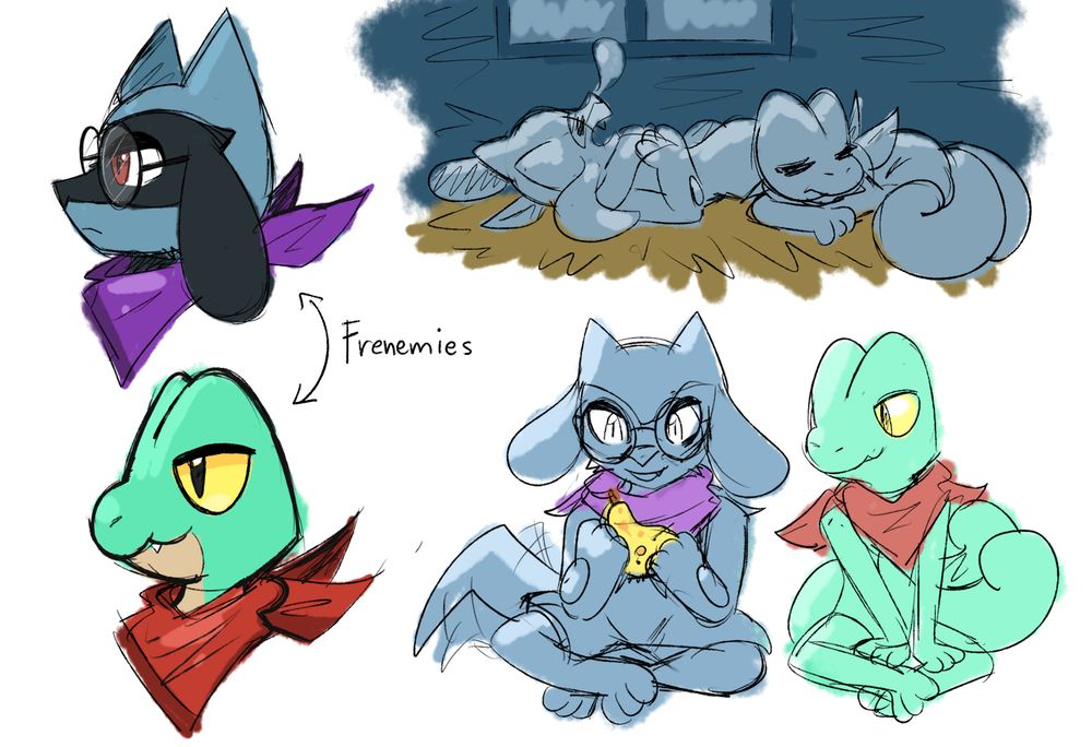 Drawing of a Riolu and a shiny Treecko using PMD scarves. First there's a side profile drawing of them both - Riolu wears a purple scarf and glasses, and Treecko wears a red one. Linking them, there's the word "frenemies". On the top right, they're both sleeping. Under that, Riolu is eating a Pecha berry while Treecko watches happily.