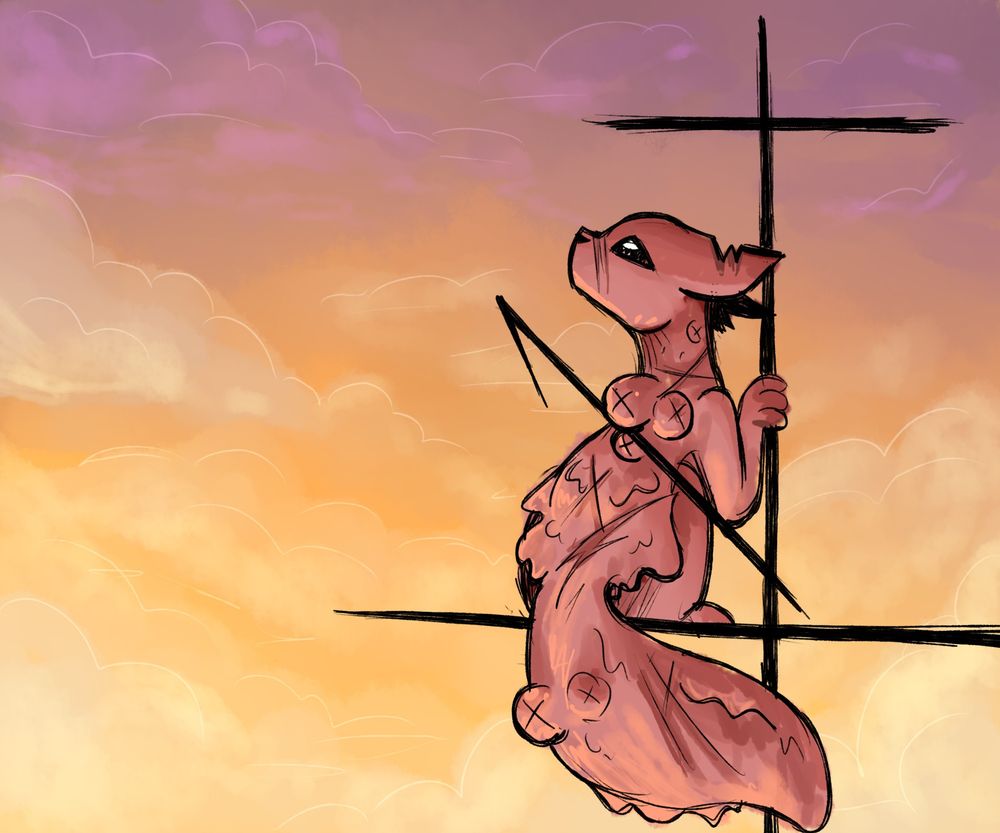 Drawing of Hunter from Rain World - a salmon creature that looks like a hairless sphinx cat, with many scars and tumors growing on top of their back and tail. They're holding a pole and looking at the sunset with a longing expression.