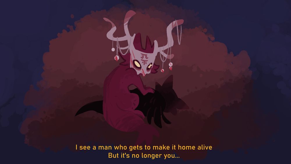 Drawing of ending Artificer wearing the mask with some blood splashed on it. She is on top of a black scavenger body, looking back at the camera. It's drawn as if it's a memory/vision, with blurry sides. Yellow subtitles read: "I see a man who gets to make it home alive. But it's no longer you..."