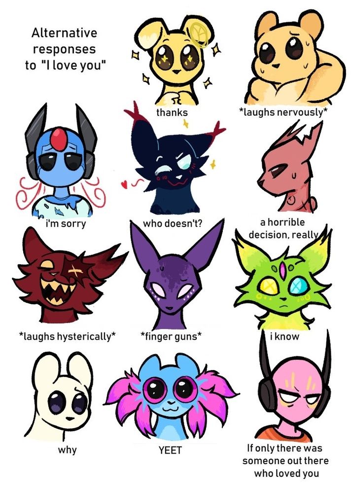 "Alternative responses to I love you" meme. Monk is "thanks". Gourmand is "*laughs nervously*". Moon is "I'm sorry". Enot is "who doesn't??". Hunter is "a horrible decision, really". Artificer is "*laughs hysterically*". Spearmaster is "*finger guns*". Saint is "I know". Survivor is "why". Rivulet is "YEET" and Five Pebbles is "If only there was someone out there who loved you"