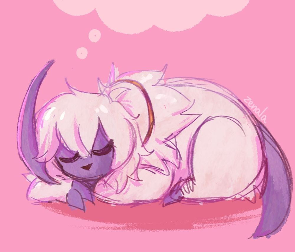 Drawing of an absol laying down, sleeping in a semi-loaf position. She has two of her feet tucked in, and one that's outside, under her head. The drawing has pink undertones.