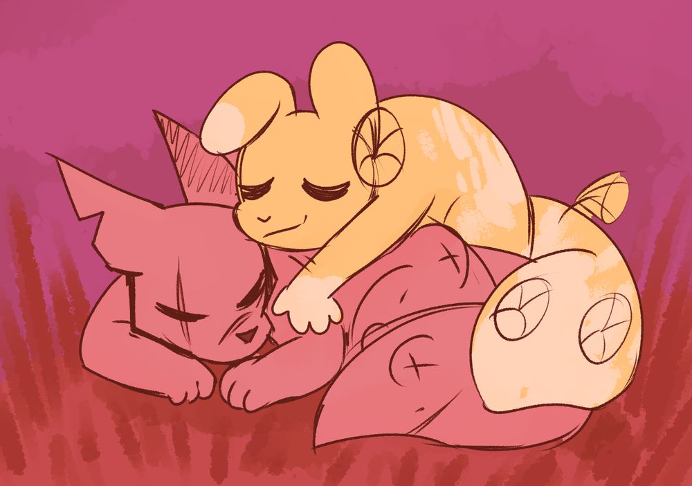 Drawing of two creatures sleeping together. A salmon one is underneath while a yellow one is laying on top of them. They're in a red grassy field. 
