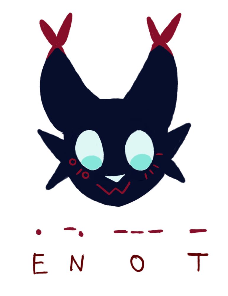 Front-facing profile of a cat-like creature. They're dark blue with red markings under their white eyes. Under the doodle there's a morse-code translation to "ENOT", referencing to the format of their eye markings.