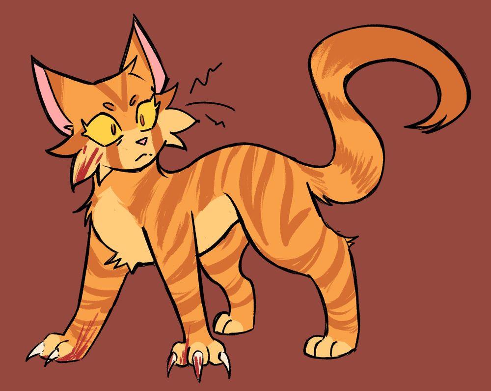 Drawing of an orange cat character. She's a tabby with cream underbelly, her front claws unleashed. She has angry, scary eyes; and there's some blood on her face and paws.