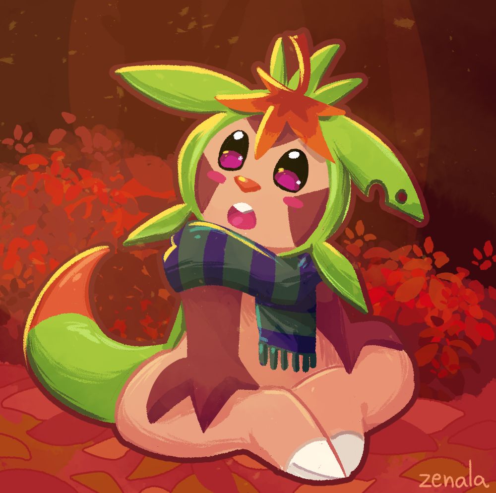 Drawing of a Chespin character sitting on the middle of an autumn forest. He wears a green and blue scarf on his neck and a maple tree leaf on his head. He is looking up with wonder. 