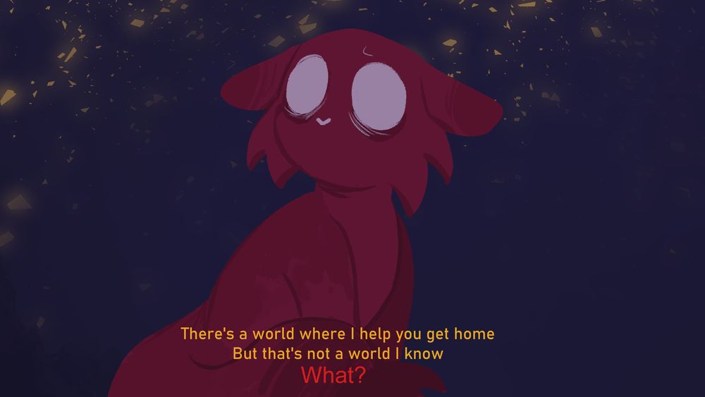 Drawing of young Artificer, who looks up with a very concerned face. The subtitles in yellow read "There's a world where I help you get home. But that's a world I know." Subtitles in read right beneath them reads "What?"