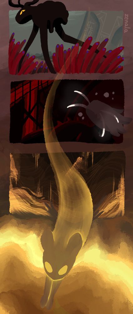 Comic-style vertical drawing. On the top panel, there's a rain deer in Farm Arrays walking through a patch of worm grass. On the middle panel, there's a black lizard in Filtration System. On the last panel, a soul of a slugcat is jumping through the void sea, breaking the panel.