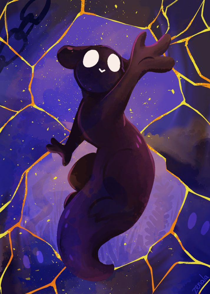 Drawing of Watcher from Rain World. The background behind them is cracking, and they are stretching an arm towards the camera.