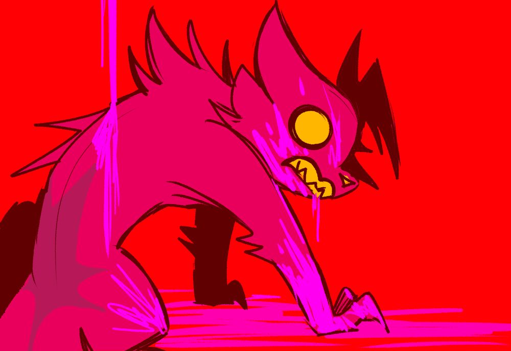 Drawing of Artificer from Rain World. They're against a red background, with dark pink colors. They have their back turned to the camera, but they're looking back with an angry, rabid expression. There's blood splattered all over them - especially their face and arms. 