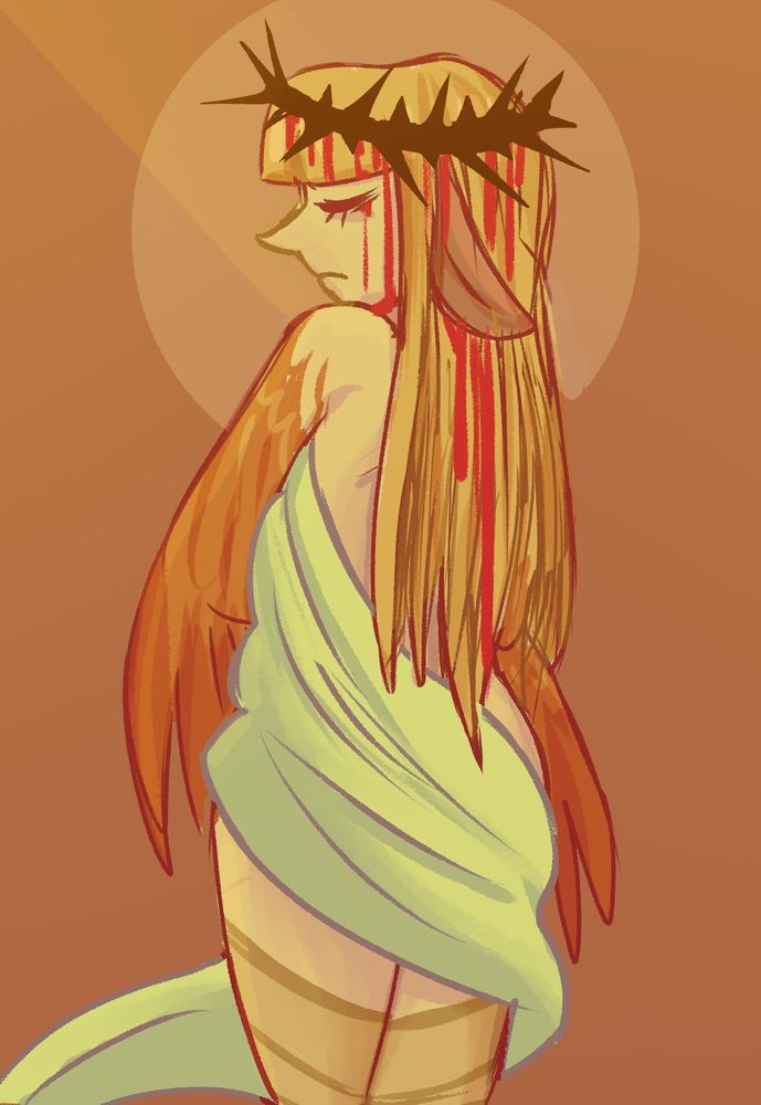 Drawing of a harpy humanoid woman. She has long, straight, blond hair and orange wings instead of arms. She's using a white mantle. Her back is turned to the camera and a crown of thorns is found on her head, with blood coming out of it. She has a sad expression on her face. 