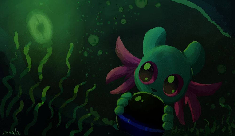 Drawing of an underwater scenario, in which the water looks very dark and greenish. On the left, there's a light source, and on the right you can see an amphibian-like creature holding a black spherical object.