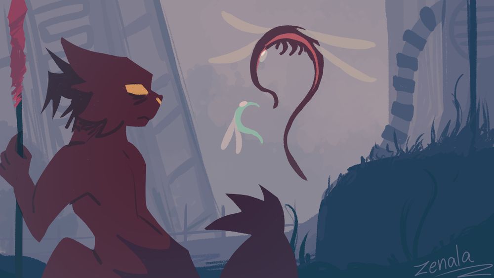 Drawing of Artificer from Rain World in an urban area. They're looking at a noodlefly mother who is similarly colored to them, with a small infant noodlefly next to it. Artificer has a tired look on their face, and they're holding a spear. The drawing has blueish, desaturated colors.