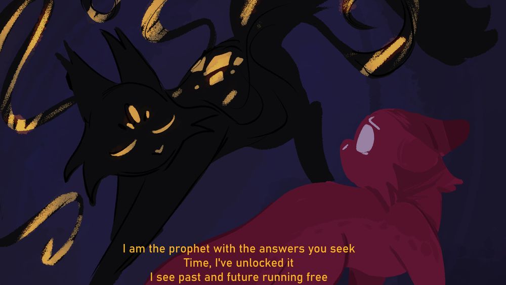 Drawing of an echo Saint and Artificer. Artificer looks a lot younger, with no scars or burn marks. The subtitles in yellow read "I am the prophet with the answers you seek. Time, I've unlocked it. I see past and future running free."