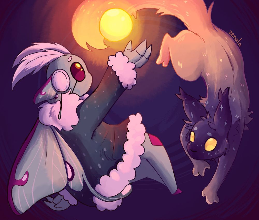 Drawing of an iterator and a slugcat forming a circle around one another. On the right, the slugcat has a long body that's a gradient from purple to pink to orange-yellow. At the tip of their tail, there's a glowing ball. The iterator, on the left, is moth-themed - with a green-pink color palette and moth wings and antennae. They're reaching out to the glowing ball on the slugcat's tail.