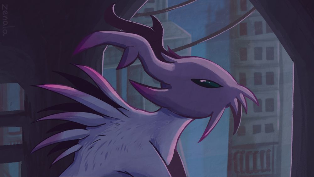 Drawing of a pink scavenger. They're on a side profile, looking right. The setting looks similar to Metropolis, with a bunch of tall buildings and wires everywhere.