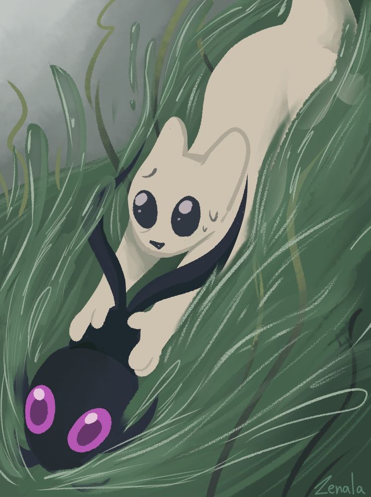 Drawing of a slugcat holding onto a jetfish. The jetfish is zooming through the waters on what seems to be Shoreline, and Survivor has a worried expression on their face. 