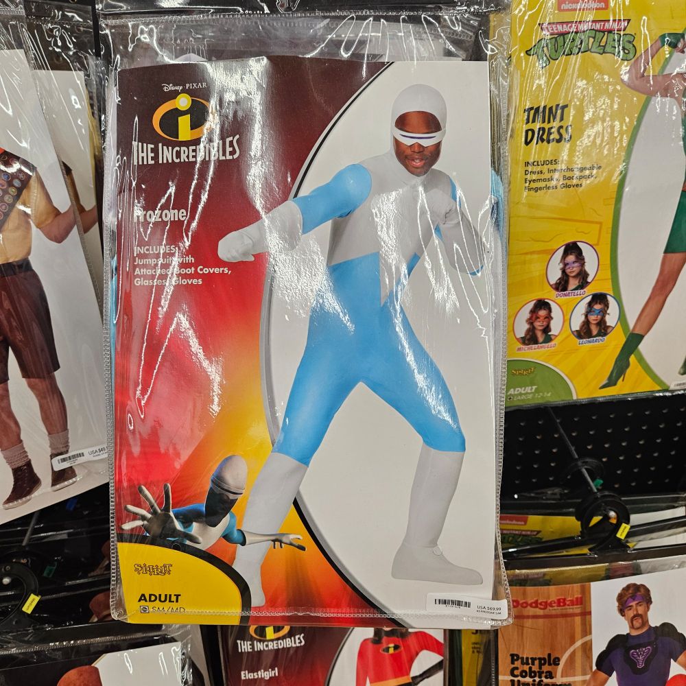 Packaged Frozone costume having on a rack