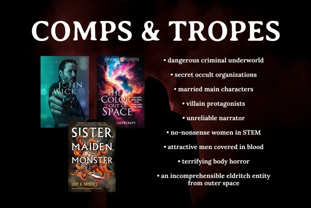 The silhouette of a man against red smoke, with overlaying images and text.

COMPS & TROPES
On the left side, three movie and book covers are displayed: JOHN WICK, THE COLOR OUT OF SPACE by H. P. Lovecraft, and SISTER, MAIDEN, MONSTER by Lucy A. Snyder.

On the right side is a list of tropes:
- dangerous criminal underworld
- secret occult organizations
- married main characters
- villain protagonists
- unreliable narrator
- no-nonsense women in STEM
- attractive men covered in blood
- terrifying body horror
- an incomprehensible eldritch entity from outer space