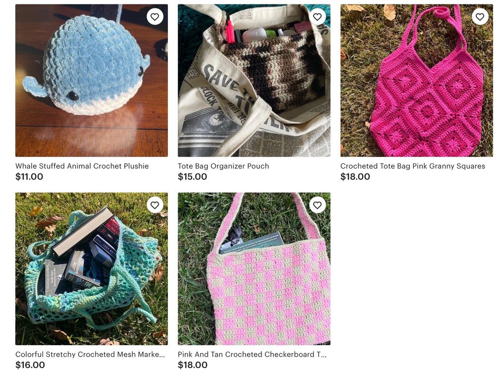 Screenshot from an Etsy page showing a stuffed crocheted whale and four crocheted bags, all under $20. The whale is gray blue with big butt eyes, one bag is hot pink, one bag is green blue, and one is a checkerboard pastel pink. The force bag is a tote pouch organizer that goes inside of a tote bag.