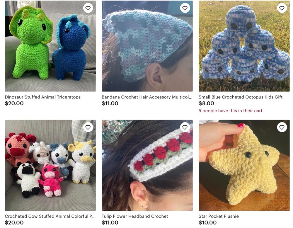 Screenshot of an Etsy page of crochet items: two triceratops (one neon green and one blue), a pyramid of tiny blue octopuses, a couch full of stuffed cows in various colors, a small yellow star with big butt eyes, a tulip flower headband, and a multicolored bandanna hair thingy.