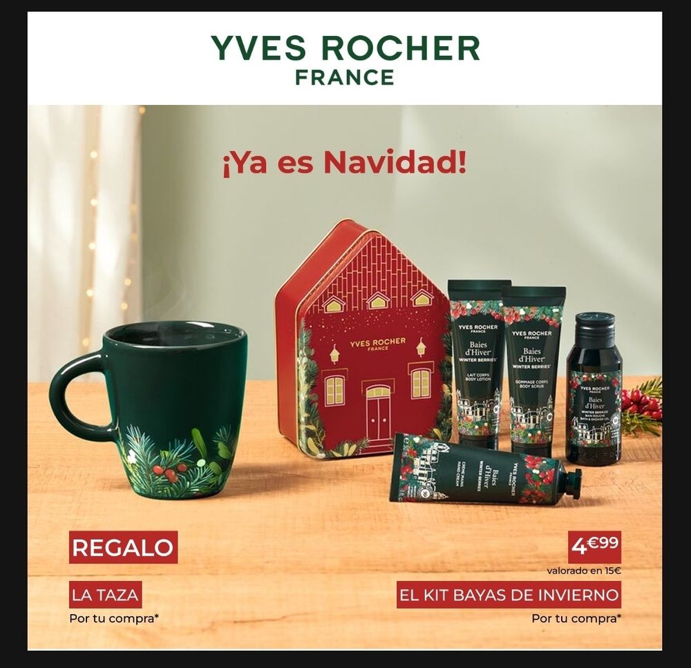 Imagen de un mensaje de Yves Rocher que dice: ¡Ya es Navidad!