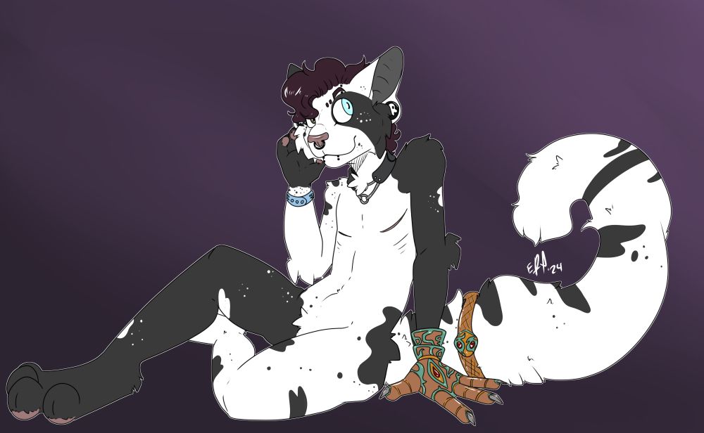 Digital drawing of an anthropomorphic cat with one brown and one light-blue eye, black and white splotched fur, dark red curly hair and a long and fluffy tail. On the left arm they have a brass and copper prosthetic hand with a red gemstone embedded on it. The Tail has a ring around it made of the same materials that is in the shape of a snake eating it's own tail. The pose is a comfolrtable sitting position, using the arm with the prosthetic to balance with the other hand up the to face, looking a bit sheepishly. 